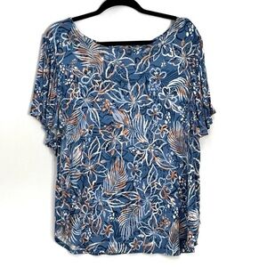 Ruby Rd Tropical Print Top Womens Large Ocean Blue Floral Blousy Tee Shirt